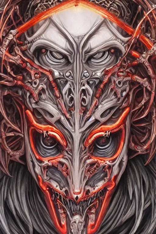 Image similar to Elden Ring and Star Wars themed painting of majestic crimson biomechanical satanic infernal demon human hybrid beautiful undead angel symmetrical angry mask closeup face angry mask closeup tattoo pattern golden ratio concept, Neo-Gothic concept, infinity glyph waves, intricate artwork masterpiece, very coherent artwork, cinematic, full frontal facial features by Artgerm, art by H.R. Giger, Takato Yamamoto, Zdizslaw Beksinski, Johnatan Wayshak, Moebius, Ayami Kojima, very anatomically coherent artwork, trending on cgsociety, ultra high quality model, production quality cinema model, high detail chromatic ink outline, octane render, unreal engine 8k, hyper realism, high detail, octane render, unreal engine, 8k, High contrast