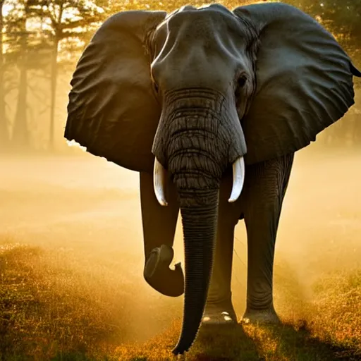 Image similar to An elephant walking in a forest, natural lighting, sunbeams, golden hour, misty atmospherics