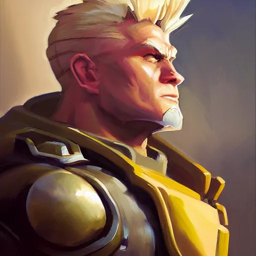 Image similar to greg manchess portrait painting of partially armored guile from street fighter as overwatch character, medium shot, asymmetrical, profile picture, organic painting, sunny day, matte painting, bold shapes, hard edges, street art, trending on artstation, by huang guangjian and gil elvgren and ross tran