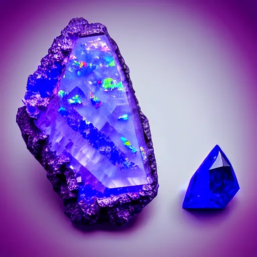 Image similar to a rare mineral rock, in a dark studio room, vaporwave theme. Tanzanite, Opal, Kunzite. in the style of artgerm.