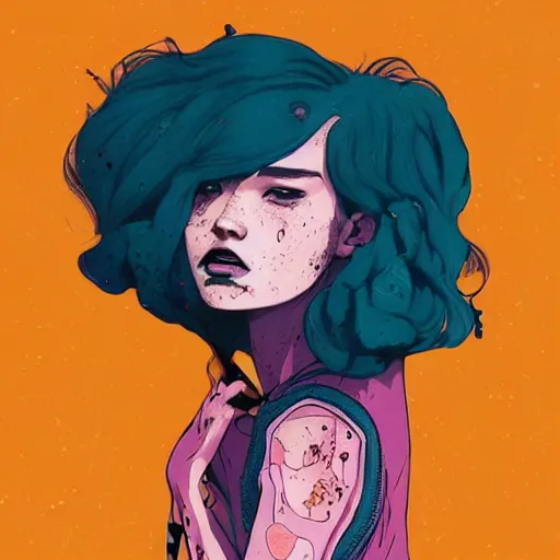 Image similar to Highly detailed portrait of pretty punk zombie young lady with, freckles and beautiful hair by Atey Ghailan, by Loish, by Bryan Lee O'Malley, by Cliff Chiang, inspired by image comics, inspired by graphic novel cover art, inspired by papergirls !! Gradient color scheme ((grafitti tag brick wall background)), trending on artstation