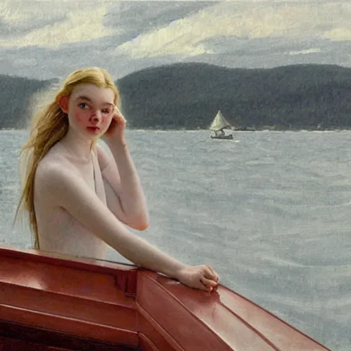 Prompt: Painting of Elle Fanning on a boat during a storm, long blonde hair, delicate, pale milky white porcelain skin, by Norman Rockwell and Edward Hopper. Extremely detailed.