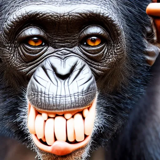 Image similar to a high detail closeup shot of a chimp wearing a suit and smoking a cigar