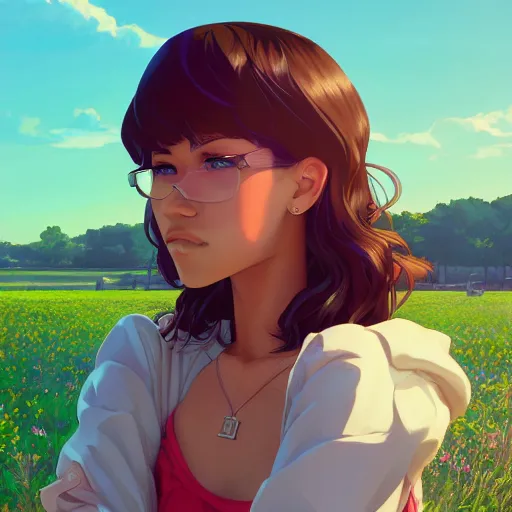 Image similar to portrait of zendaya, farm field background, rich vivid colors, ambient lighting, dynamic lighting, 4k, HQ, official media, anime key visual, makoto shinkai, ilya kuvshinov, lois van baarle, rossdraws, detailed, trending on artstation