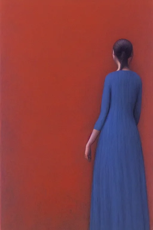 Image similar to girl with a long blue dress looking away on orange background by zdzisław beksinski