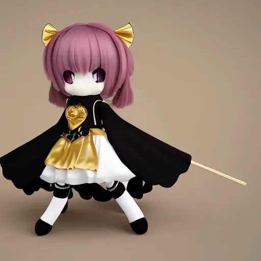 Image similar to cute fumo plush of a gothic maiden in a gold and black uniform, laces and ribbons, soft shadow, anime girl, vray, white frame