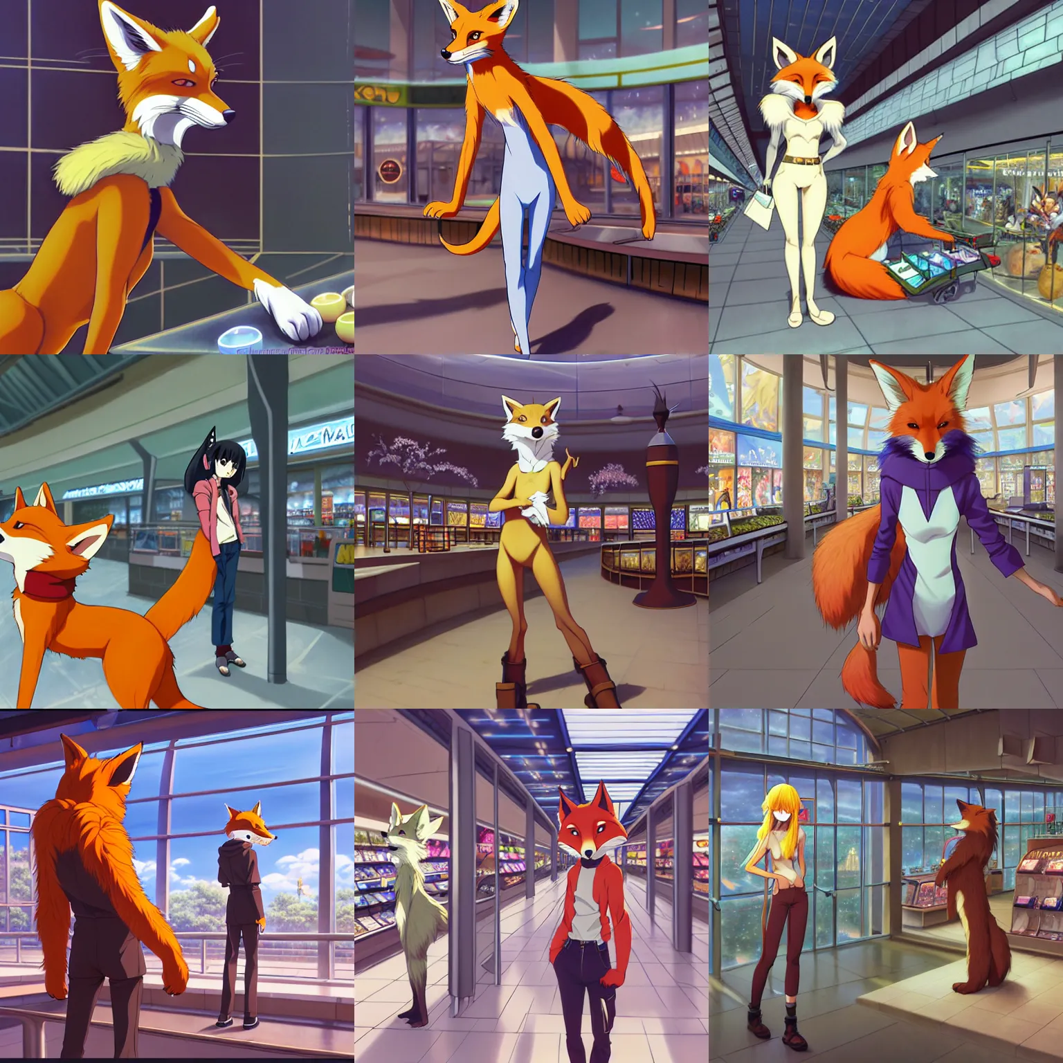 Prompt: anthro art commission of an anthropomorphic natural furry ( ( ( fox ) ) ) person shopping at a futuristic mall, photorealistic, detailed key anime art, makoto shinkai, james gurney, don bluth, disney!!!!, hibbary, dark natasha, goldenwolf, furaffinity, fursona, greg rutkowski