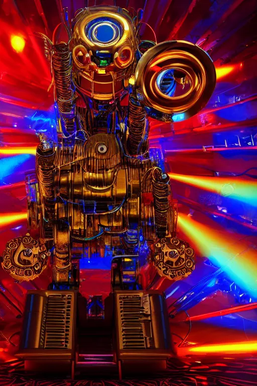 Prompt: portrait photo of a giant huge golden and blue metal humanoid steampunk robot piano player with multicolored big gears and tubes, a red piano, eyes are glowing red lightbulbs, shiny crisp finish, 3 d render, 8 k, insaneley detailed, fluorescent colors, background is multicolored lasershow