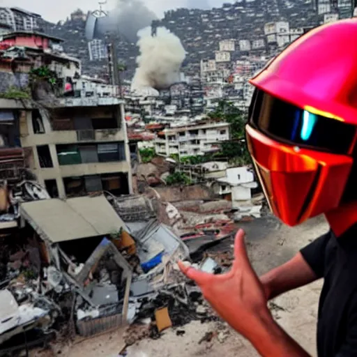 Image similar to Man in a suit holding a daft punk helmet in one hand, looking at an explosion, favela