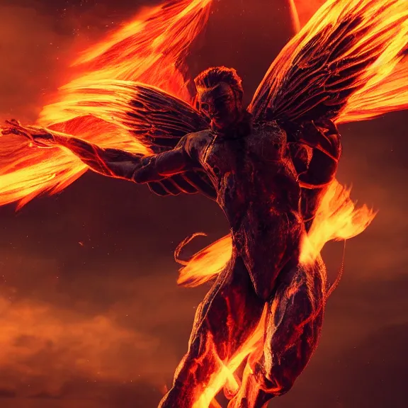 Prompt: cinematic full body shot of a beautiful stunning male angel flying over hell, that's a beautiful stunning male angel, hell is on fire with lava everywhere, elegant pose, flying, detailed arms, streamlined white armor, two arms, two legs, detailed fanart, macro art, realistic digital art, DeviantArt, artstation, 3D realistic, 8k HD, octane render