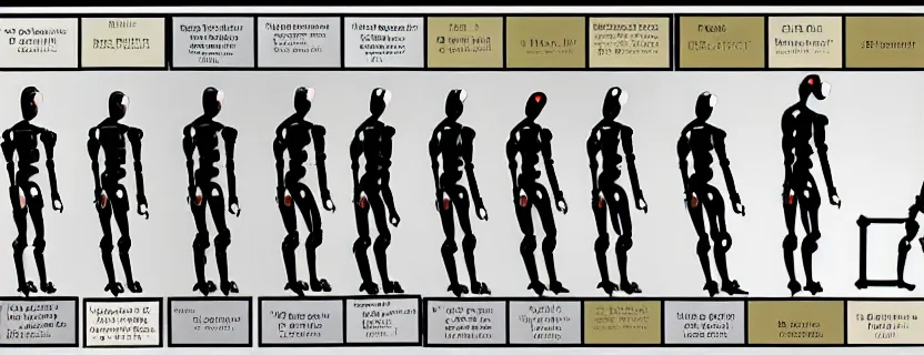 Image similar to an evolution diagram from left to right of robots, 8 k, hyper realistic.