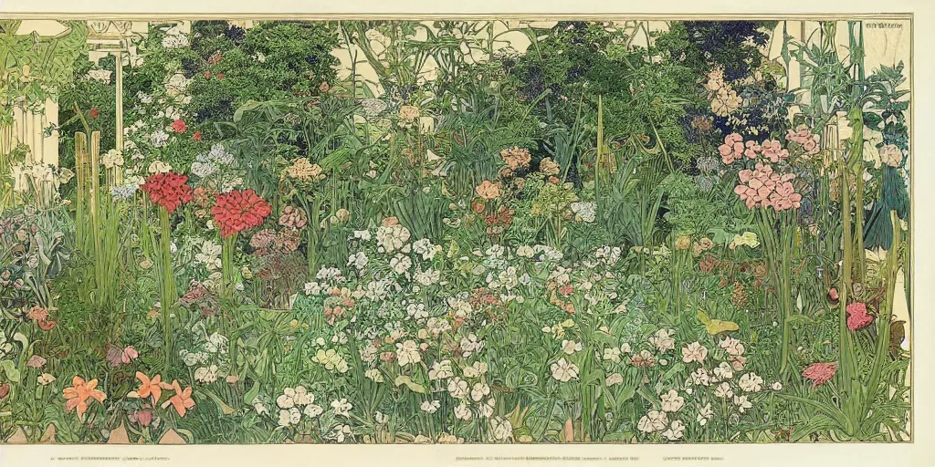 Prompt: an illustration of a beautiful garden, isometric view, painted by ernst haeckel and hasui kawase and alphonse mucha