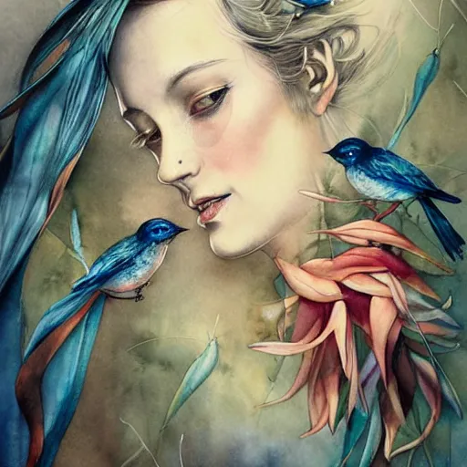 Image similar to watercolor woman with birds by anna dittmann, by marco mazzoni