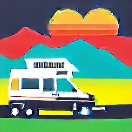 Image similar to vector art of a white and black cute thor chateau! motorhome camper!!, highway, mountains and colorful sunset!!, very very happy, dramatic motion, warm colors, crisp lines, very minimal vector art, sticker!! by tom whalen