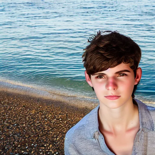 Image similar to portrait of a beautiful teenage boy around 2 0 yo. natural brown hair, pale skin. beach background. detailed face.