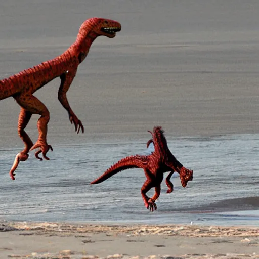 Image similar to velociraptors chasing people on the beach in california