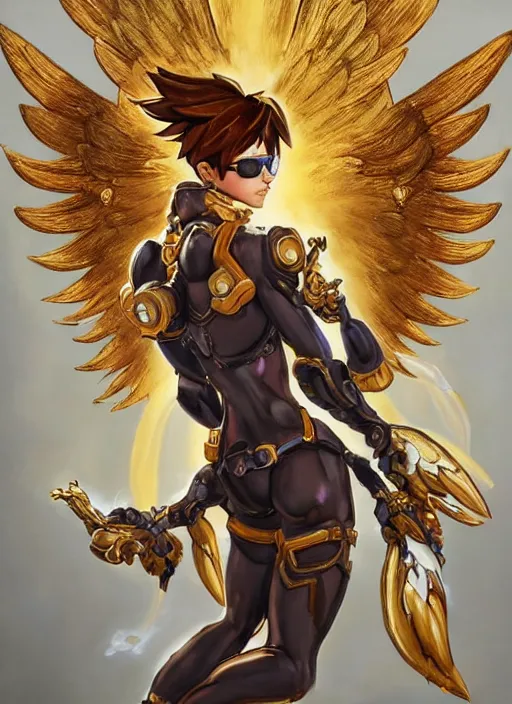 Image similar to full body oil painting of tracer overwatch in the style of frank frazetta, angel wings, angelic golden armor, dramatic painting, symmetrical composition, ornate, golden chains, high detail, gold detailed collar!!!!!, blooming, angelic, lights, flowers, heavenly, bright, detailed face,