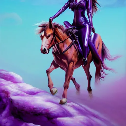 Image similar to painting of a very beautiful woman riding a centaur,, and a purple coloured leather jacket, one side haircut, long brown hair with light blue ends, portrait, hyperdetailed, artstation, cgsociety, synthwave by tangerine dream, by jean - michel jarre, by vangelis, by john carpenter