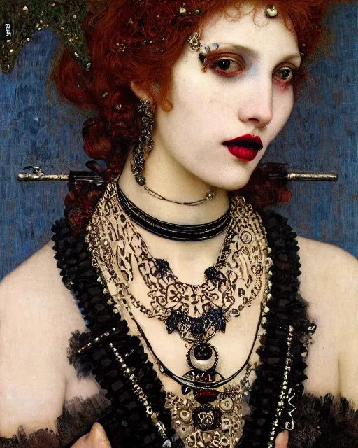 Image similar to a close up of beautiful gothic girl with black lipstick wearing a intricate necklace surrounded by colourful intricate patterns, by edgar maxence and caravaggio and michael whelan, intricate painting, hyper realistic, extremely detailed and beautiful aesthetic face, 8 k resolution