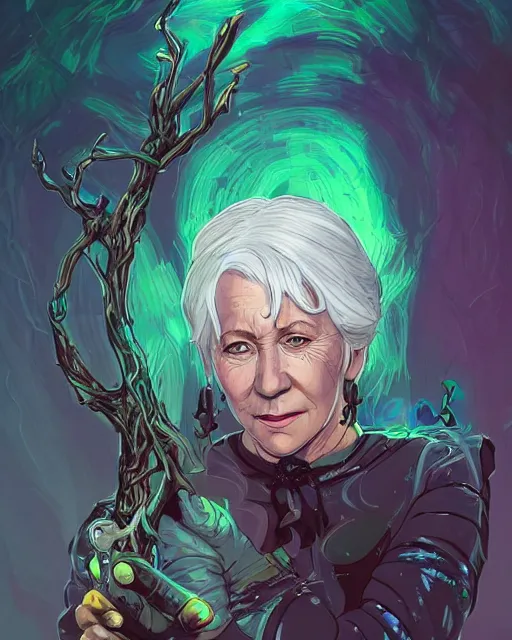 Image similar to a white-haired witch holding a gnarled staff, helen mirren, wisdom of the ages, glowing iridescent accents, digital apex legends illustration portrait, gorgeous lighting, wide angle action dynamic portrait, art by Josan Gonzalez, bright colors, green and gold palette, high contrast