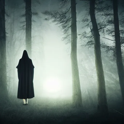 Image similar to a lady in a dark cloak suspended in mid air, seen from behind, ancient forest, mist, moonlight, 35mm, photorealistic, realistic, deviantart, gloomy atmosphere, high definition