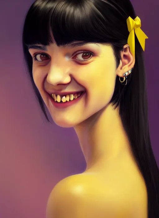 Image similar to portrait of high school girl, realistic, black hair, bangs, half updo hairstyle, pointy nose, skinny, smile, ugly, defined jawline, big chin, yellow hair bow, earrings, intricate, elegant, glowing lights, highly detailed, digital painting, artstation, sharp focus, illustration, art by wlop, mars ravelo and greg rutkowski