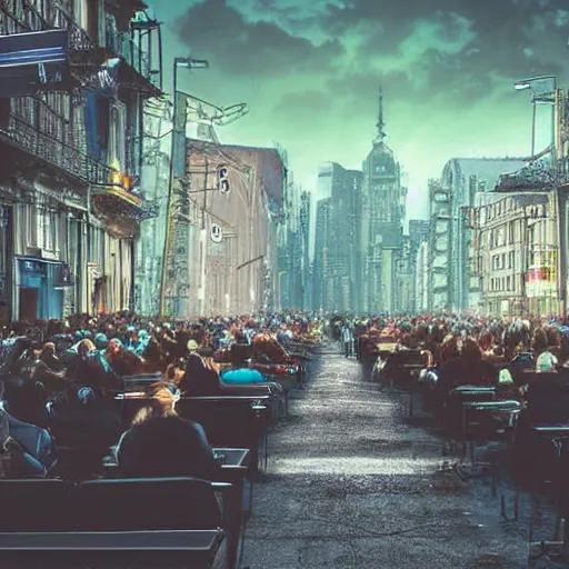 Image similar to people sitting in rows of desks in the middle of a city street, first person view from back row, dream - like atmosphere, high quality digital art