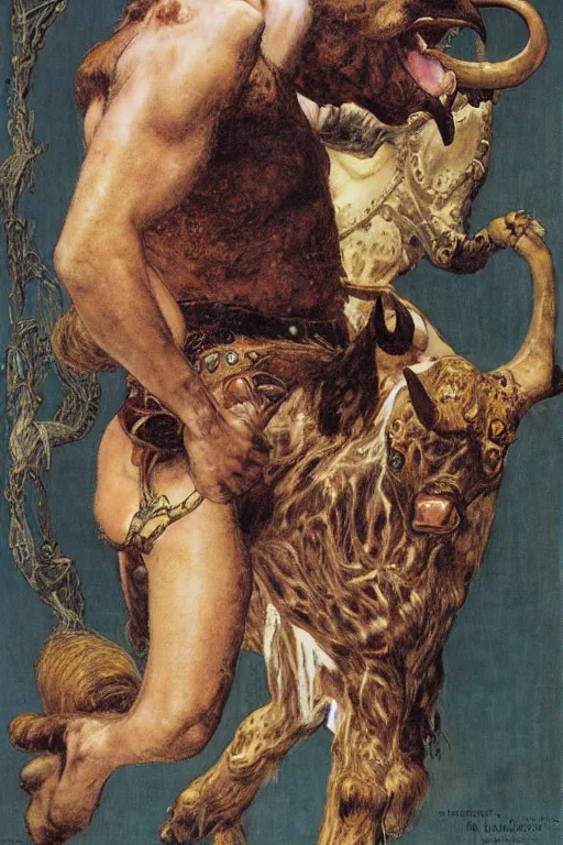 Image similar to full length portrait of bull headed monster, by lawrence alma tadema and rick berry and norman rockwell and jason fabok and everett raymond kinstler