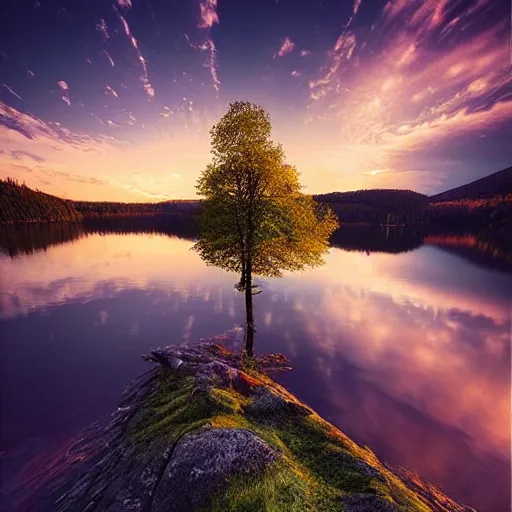 Image similar to a masterpiece detailed beautiful landscape, trees, lake, mountains, golden hour, sunset, by Mikko Lagerstedt, Raphael Lacoste and Michal Karcz