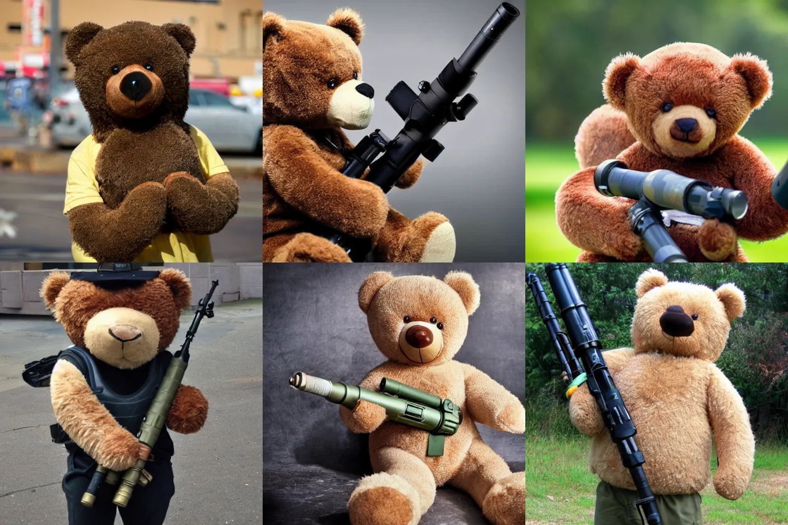 Prompt: A teddy bear holding a bazooka