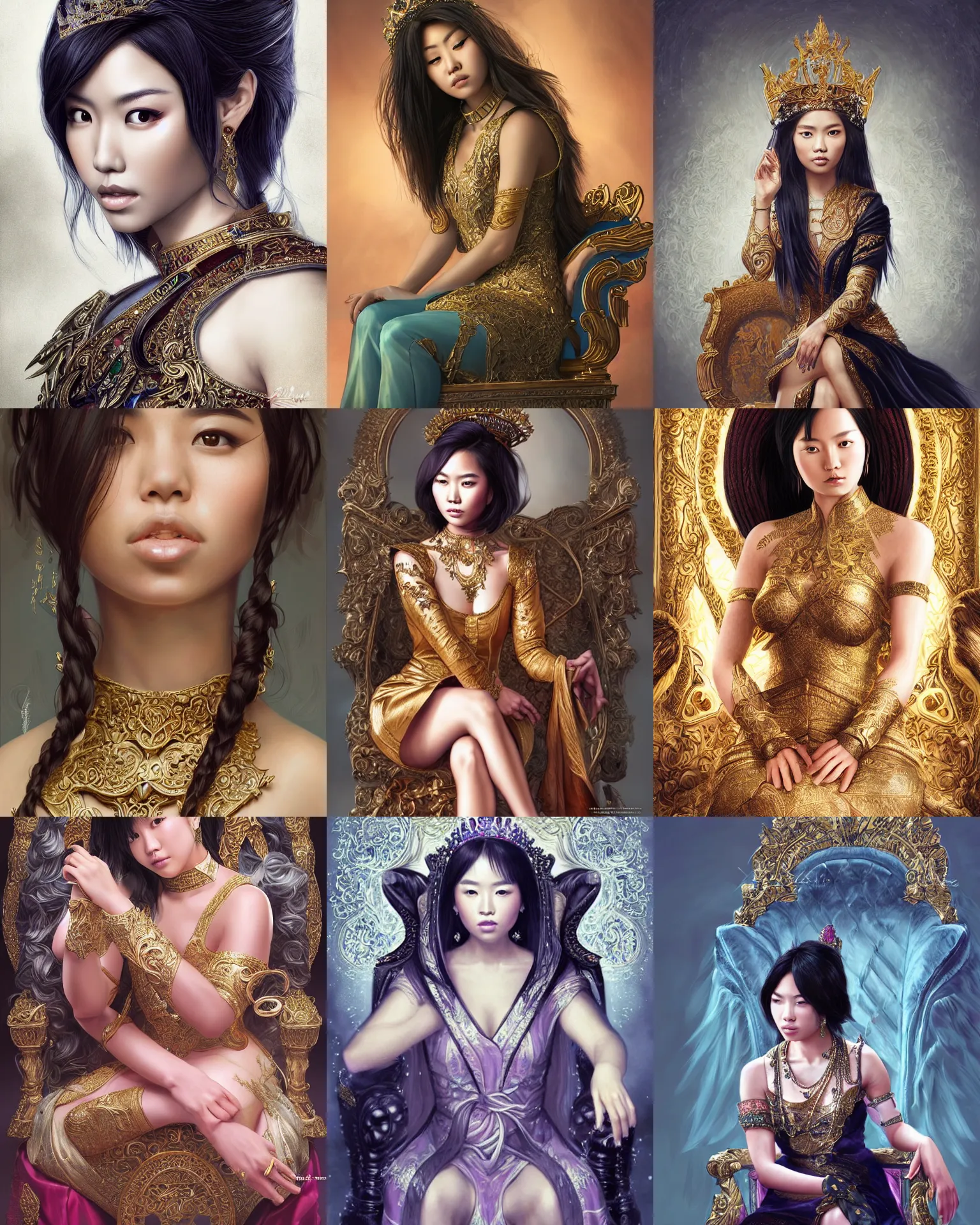 Prompt: portrait of a fierce beautiful young asian queen with medium length hair, sitting on her throne, highly detailed, intricate, elegant, hyperrealism, digital art by ross tran and artgerm and greg rutkwowski