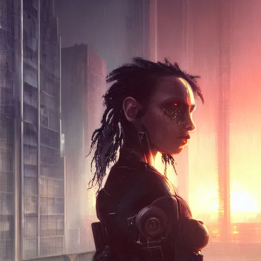 Image similar to closeup portrait of a young beautiful cyberpunk woman, eye implants, black hair, sunset, neuromancer, cyberpunk city background, megacity, gorgeous view, depth, painted by seb mckinnon, high detail, digital art, painted by greg rutkowski, trending on artstation