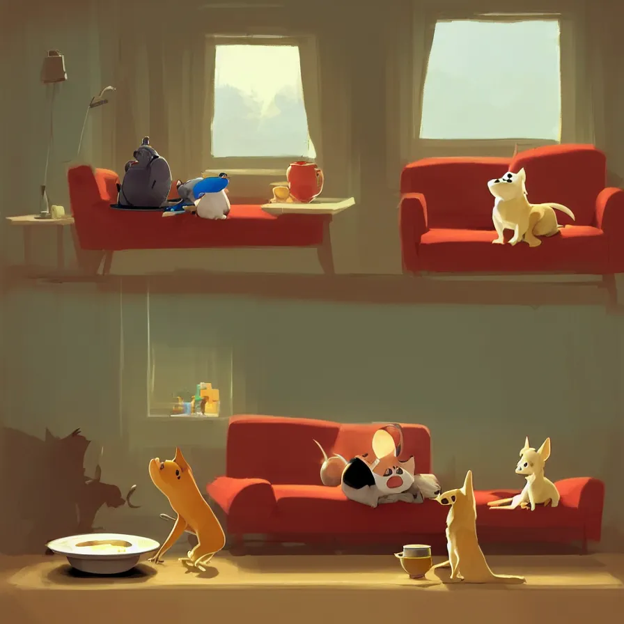 Image similar to Goro Fujita illustrating A dog on a sofa staring at the food dish under the window in the living room, art by Goro Fujita, sharp focus, highly detailed, ArtStation