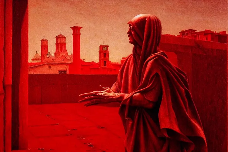 Image similar to only with red, caesar after war, a red tiger, in hoc signo vinces, rome in background, an ancient path, in the style of beksinski, part by hopper, part by rodcenko, part by hofbauer, intricate composition, red by caravaggio, insanely quality, highly detailed, masterpiece, red light, artstation