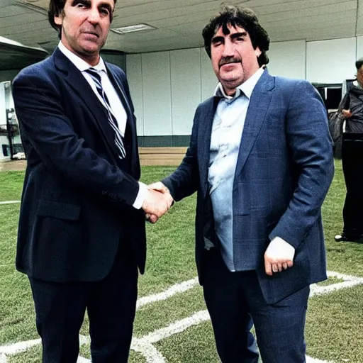 Image similar to Saul Goodman shaking hands with Diego maradona