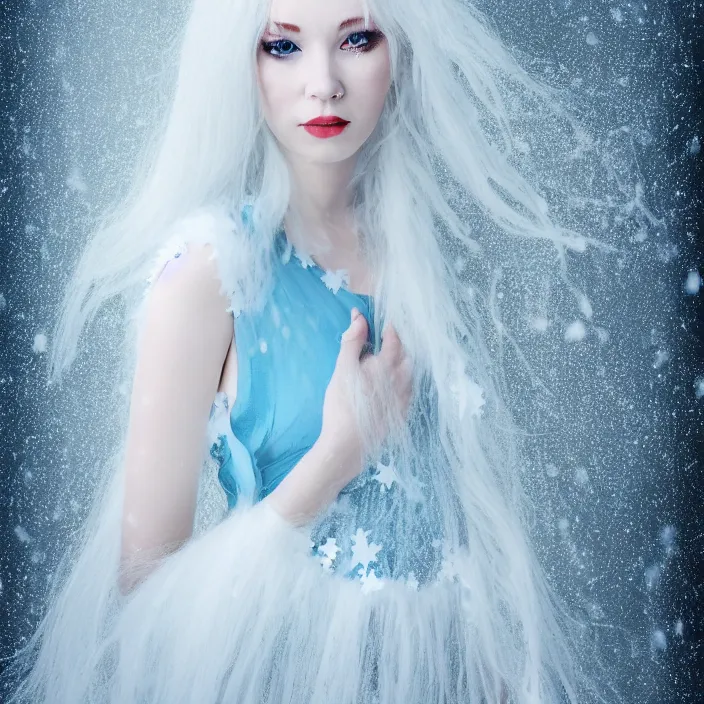 Image similar to full body portrait of a stunningly beautiful woman with pale blue hair wearing a long white dress made out of snowflake in the middle of a heavy snowstorm. she looks almost dead because of how pale she is. by maromi sagi