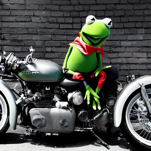 Prompt: suggestive kermit the frog leaning against a motorcycle. gq magazine photograph.