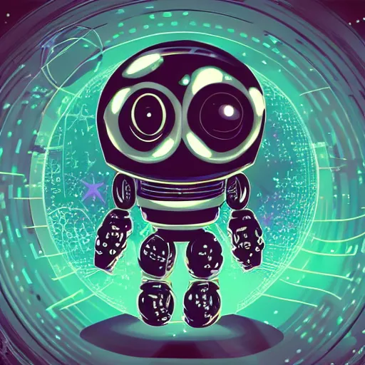 Image similar to funny spherical robot with two eyes and smile, cyberpunk, stars and space on the background,