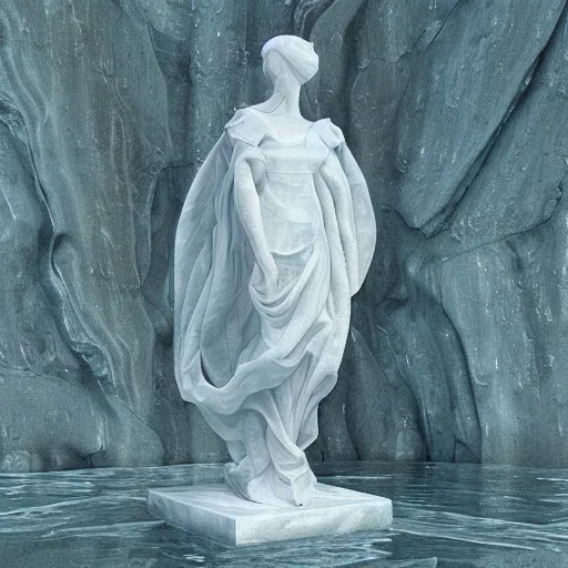 Image similar to “a delicate renaissance marble sculpture covered with water veil highly glitched, highly detailed transparent marble cloth, gi, global illumination, physically based rendering, photorealistic, top light, dark background ”