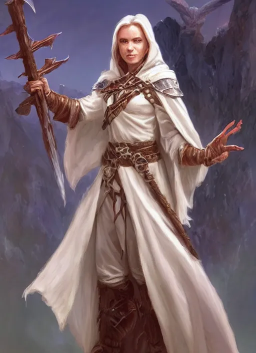 Prompt: white cloak, ultra detailed fantasy, dndbeyond, bright, colourful, realistic, dnd character portrait, full body, pathfinder, pinterest, art by ralph horsley, dnd, rpg, lotr game design fanart by concept art, behance hd, artstation, deviantart, hdr render in unreal engine 5
