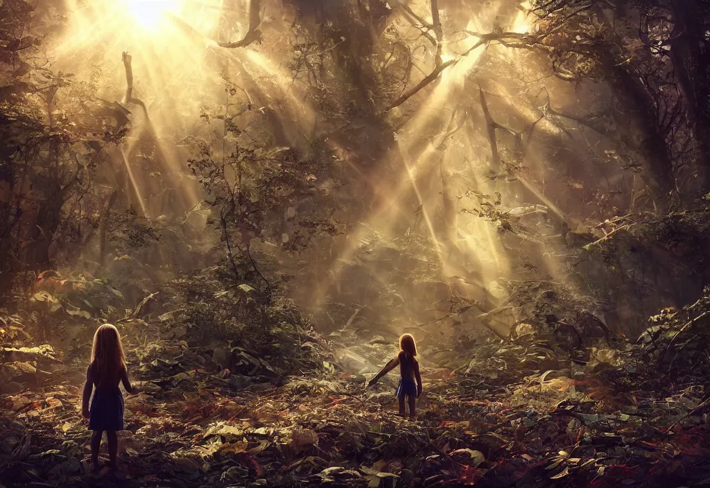 Image similar to sci - fi scene future new york, little girl holding a hand of a big robot, forest punk, crepuscular rays, epic scene, hyper realistic, photo realistic, overgrowth, cinematic atmosphere, ethereal lighting