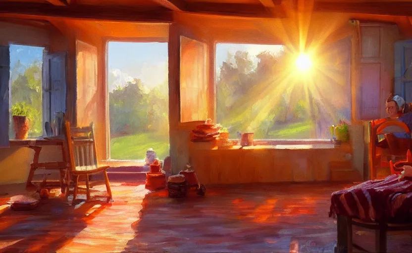 Image similar to happy morning and the rays of the morning sun shining through the window of the village house clear sky, walls made of bacon, warm colors, happy mood, oil painting, high detail, trending on artstation