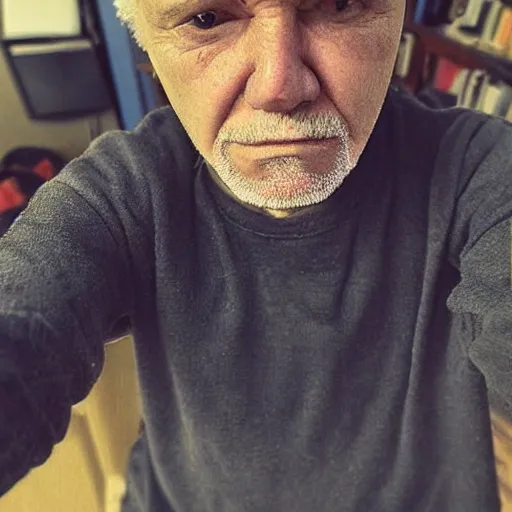 Prompt: An old middle aged man frowning with an emo scene haircut in the 2000s taking a low resolution selfie of himself, photograph, taken in the mid 2000s, highly detailed, very detailed, realistic, hyperrealistic, real life, HD Quality, 8k resolution
