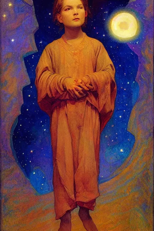 Image similar to the starry child, by Annie Swynnerton and Nicholas Roerich, elaborately costumed, rich color, dramatic cinematic lighting, smooth, sharp focus, extremely detailed