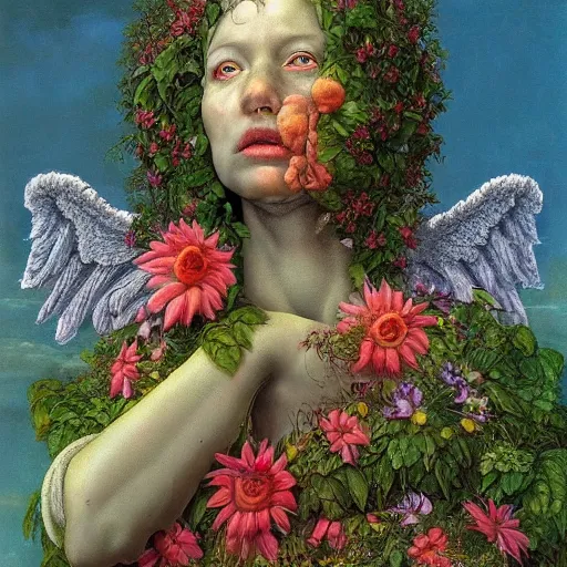 Prompt: beautiful fantasy painting of the garden angel by arcimboldo and Michael Whelan, cinematic lighting, artstation