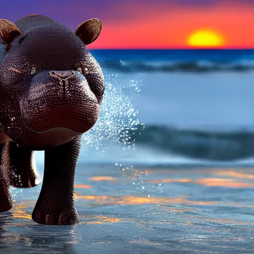 Image similar to a closeup photorealistic photograph of a cute smiling knitted tiger hippopotamus chasing a beachball during sunset. surf in background. professional capture. this 4 k hd image is trending on artstation, featured on behance, well - rendered, extra crisp, features intricate detail, epic composition and the style of unreal engine.