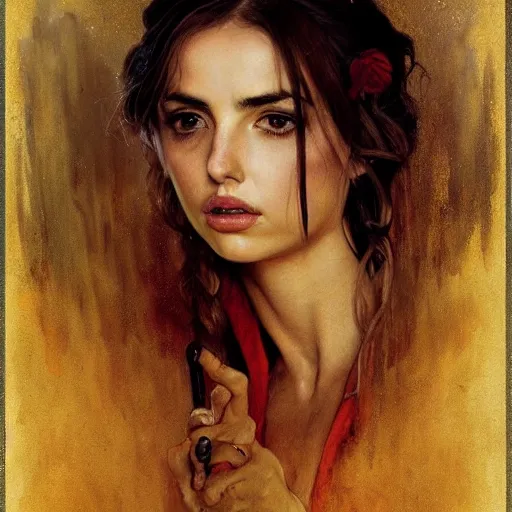 Image similar to half length portrait of ana de armas as a sorcerer using fire magic, d & d, medieval, fantasy, royo, klimt, miro, vallejo, frazetta, alphonse mucha, greg rutkowski, whealan