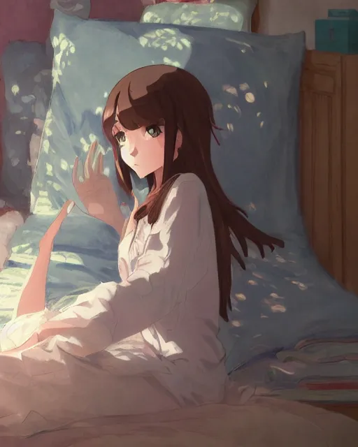 Prompt: a full shot of a teenage girl chilling in her dorm, moe, kawaii, pretty, lovely, detailed face, digital art by makoto shinkai and claude monet
