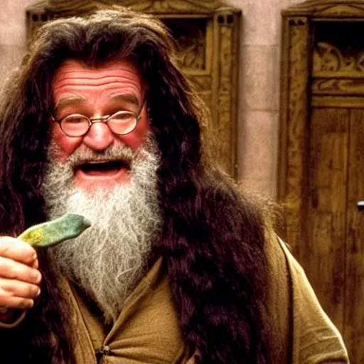 Image similar to Robin Williams playing Hagrid in Harry Potter, screenshot