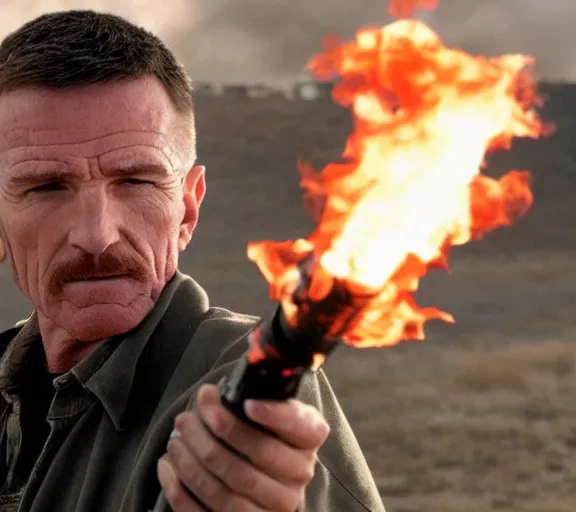 Image similar to flynn from breaking bad holding a flamethrower, movie still, photorealistic, clean composition